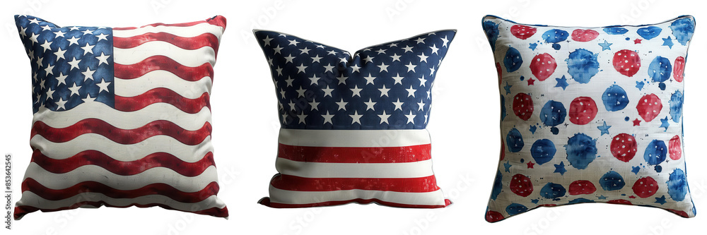 Three decorative cushions featuring American flag designs, perfect for patriotic home decor or festive celebrations Transparent Background Three decorative cushions featuring American flag designs, perfect for patriotic home decor or festive celebrations Transparent Background