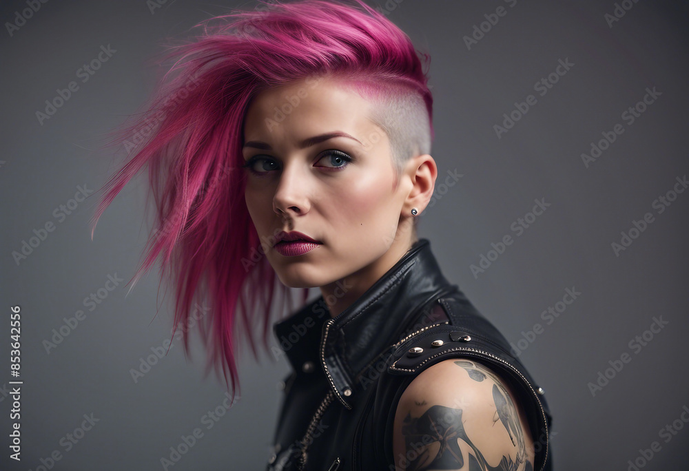 portrait of a girl in a punk outfit with pink hair shaved on the side, isolated white background portrait of a girl in a punk outfit with pink hair shaved on the side, isolated white background