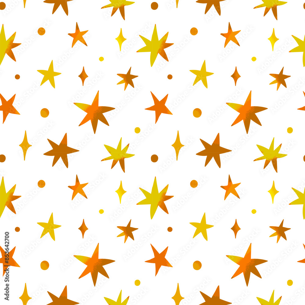 Obraz premium Holiday stylish vector hand drawn seamless pattern with stars. White background and bright stars. Abstract design for textile print, page fill, wrapping paper, web, cover