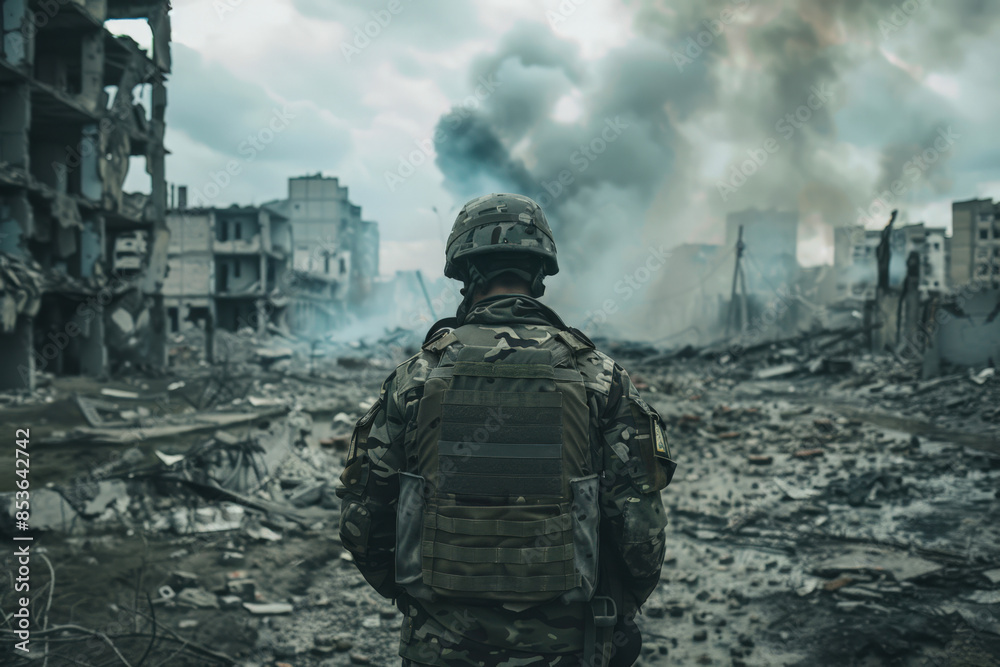 Soldier wearing camouflage uniform and helmet standing in front of destroyed city with smoke Soldier wearing camouflage uniform and helmet standing in front of destroyed city with smoke