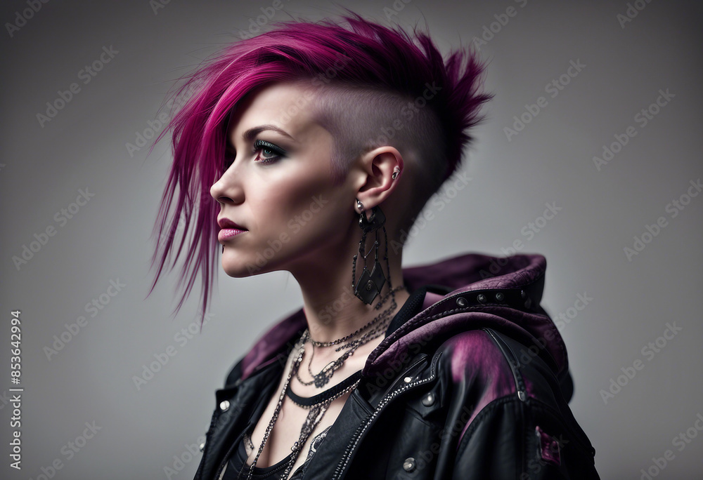 portrait of a girl in a punk outfit with pink hair shaved on the side, isolated white background portrait of a girl in a punk outfit with pink hair shaved on the side, isolated white background