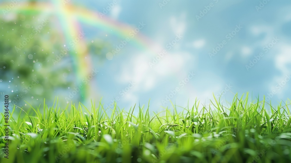 Green grass field, blue sky rainbow, background nature Green grass field, blue sky rainbow, background nature