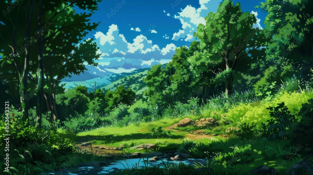 illustration art forest at summer style art anime illustration art forest at summer style art anime