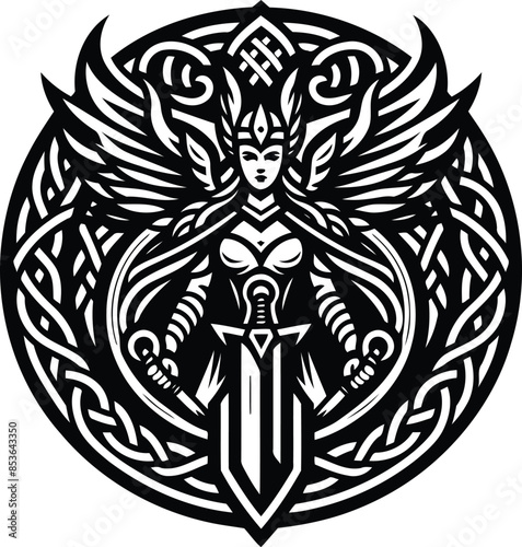 valkyre in silhouete with celtic knot pattern illustration
