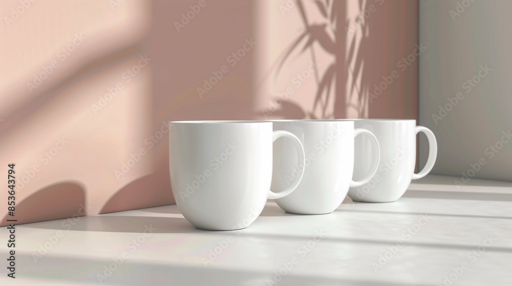 Minimalist White Coffee Mugs with Shadow Play on Pastel Background. Generative AI Minimalist White Coffee Mugs with Shadow Play on Pastel Background. Generative AI