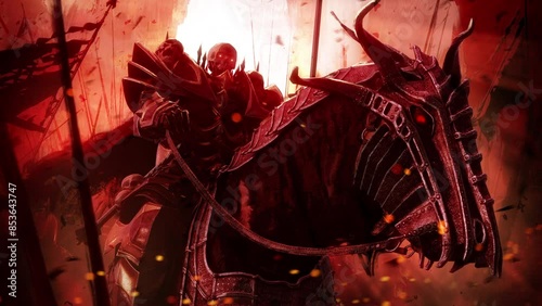 A sinister skeleton knight riding a demonic horse in plate armor. He is also a horseman, the lord of the undead army against the background of a bloody sunset and.  clean looped 2d animated art