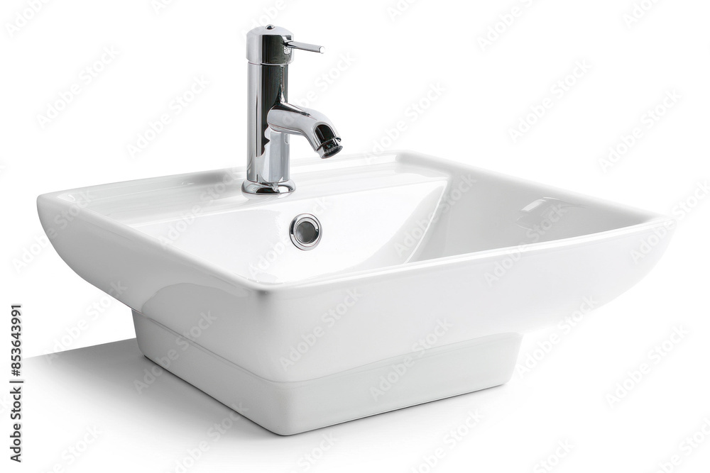 White ceramic bathroom sink with a shiny modern stainless steel mixer tap, PNG resource White ceramic bathroom sink with a shiny modern stainless steel mixer tap, PNG resource