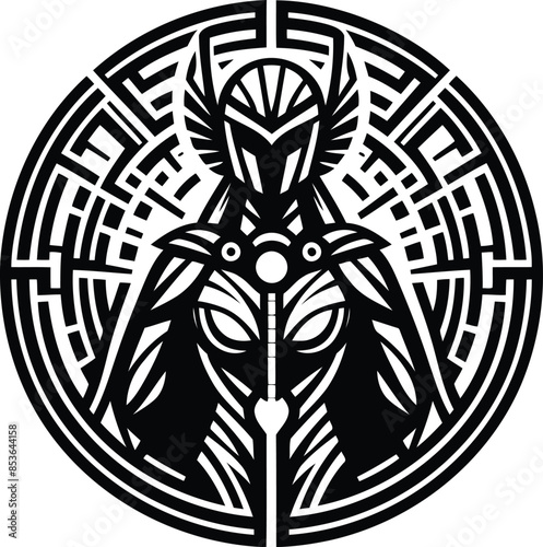 valkyre in silhouete with cyberpunk pattern illustration
