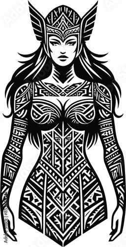 valkyre in silhouete with Polynesian ethnic pattern illustration