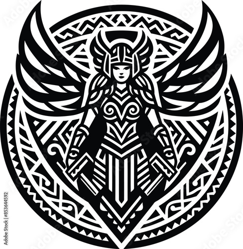 valkyre in silhouete with Polynesian ethnic pattern illustration
