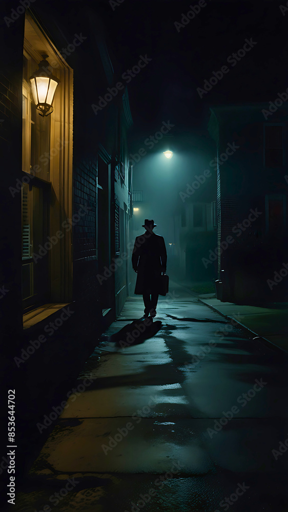The image depicts a dark, atmospheric scene with a mysterious man dressed in a suit and hat, holding a briefcase, walking down a dimly lit alley at night. The scene is illuminated by a streetlamp and The image depicts a dark, atmospheric scene with a mysterious man dressed in a suit and hat, holding a briefcase, walking down a dimly lit alley at night. The scene is illuminated by a streetlamp and