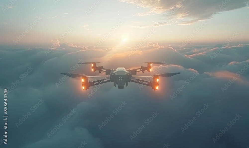 Naklejka premium Exciting high-altitude drone racing with agile maneuvers and high-speed competition against a cloud-filled skyline