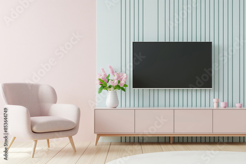 Soft Pastel Living Room Design with empty TV for mockup