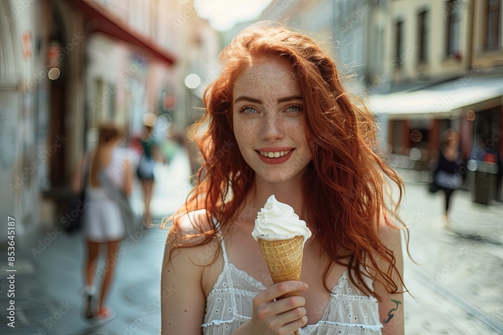 A happy woman with red hair stands on a city street, enjoying a delicious ice cream cone while on her summer vacation. Generative AI A happy woman with red hair stands on a city street, enjoying a delicious ice cream cone while on her summer vacation. Generative AI