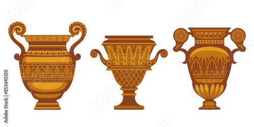 Collection of decorative ancient Greek amphoras, ceramic