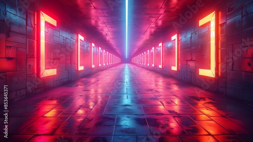 An abstract design of neon arrows in a tunnel with a perspective point  giving a sense of movement. The vibrant neon colors and vanishing point create a dynamic and energetic scene. 