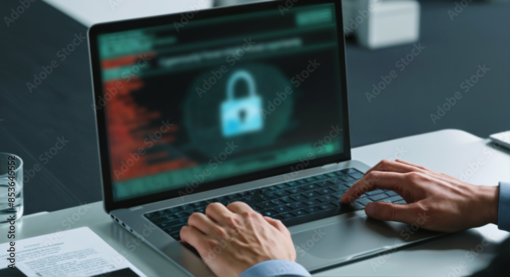 Person typing on a laptop with holographic warning symbols on the screen in an office environment, bypass protection, softly blurred concept of cybersecurity threat. Person typing on a laptop with holographic warning symbols on the screen in an office environment, bypass protection, softly blurred concept of cybersecurity threat.