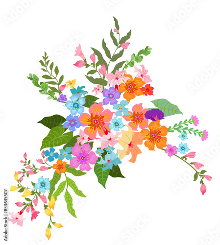Graphic drawing of a colorful bouquet consisting of morning glory, colorful flowers, and fern leaves on a white