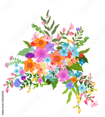 Graphic drawing of a colorful bouquet consisting of morning glory, colorful flowers, and fern leaves on a white