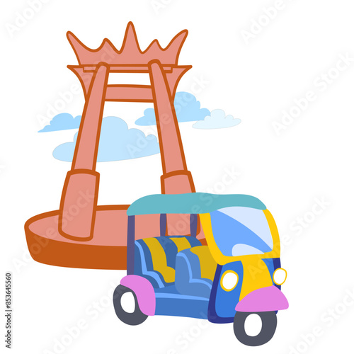 Clip art drawing of a tuk tuk and a Thai cartoon swing pole on a white background.