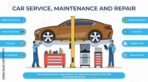 Car service, maintenance and repair concept illustration. A team of auto mechanics checks and maintains a car on a lift in a service workshop. Vector illustration with the set of auto service icons.