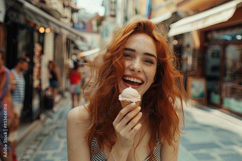 A happy young woman with red hair enjoys a summer vacation in a new city, eating ice cream on a street. Generative AI A happy young woman with red hair enjoys a summer vacation in a new city, eating ice cream on a street. Generative AI