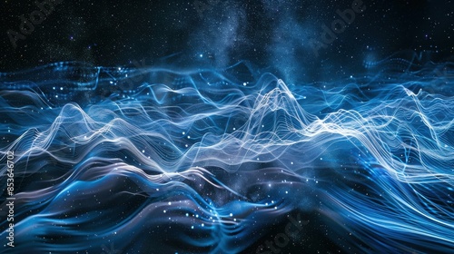 Abstract digital wave background with glowing lights in blue tones, representing data flow, technology, and futuristic concepts.