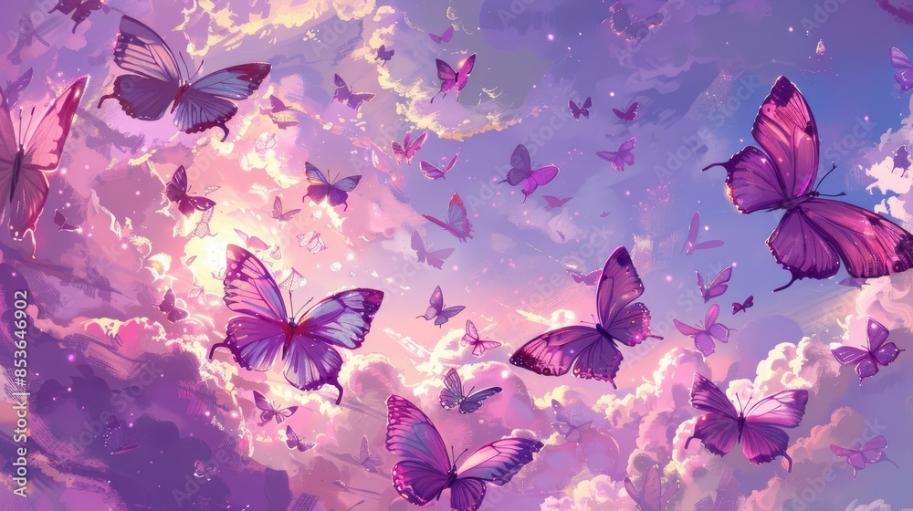 Witness the magic of pink and purple butterflies dancing against a sky canvas in this enchanting painting. Witness the magic of pink and purple butterflies dancing against a sky canvas in this enchanting painting.