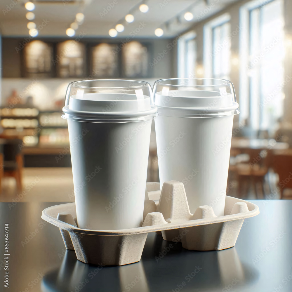 Colorful Takeaway Cups in a Carrier with a Blurred Coffee Shop Background for Mockup and Branding Use Colorful Takeaway Cups in a Carrier with a Blurred Coffee Shop Background for Mockup and Branding Use