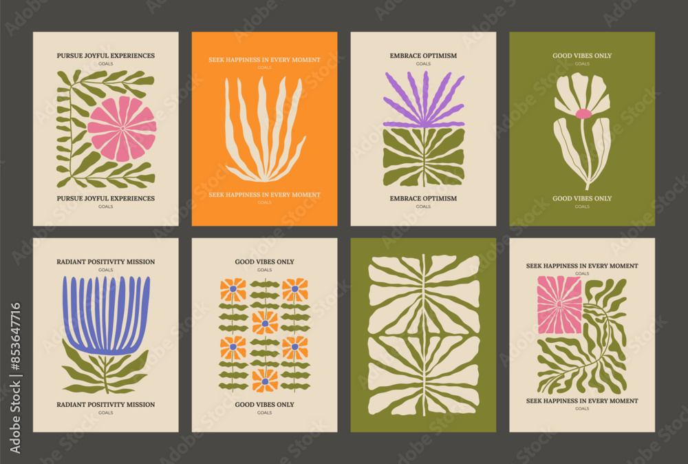 Trendy aesthetic posters with abstract groovy floral shape with flowers and leaves. Simple irregular wild plants. Naive funky prints for wall art, interior decorations. Boho summer illustrations.