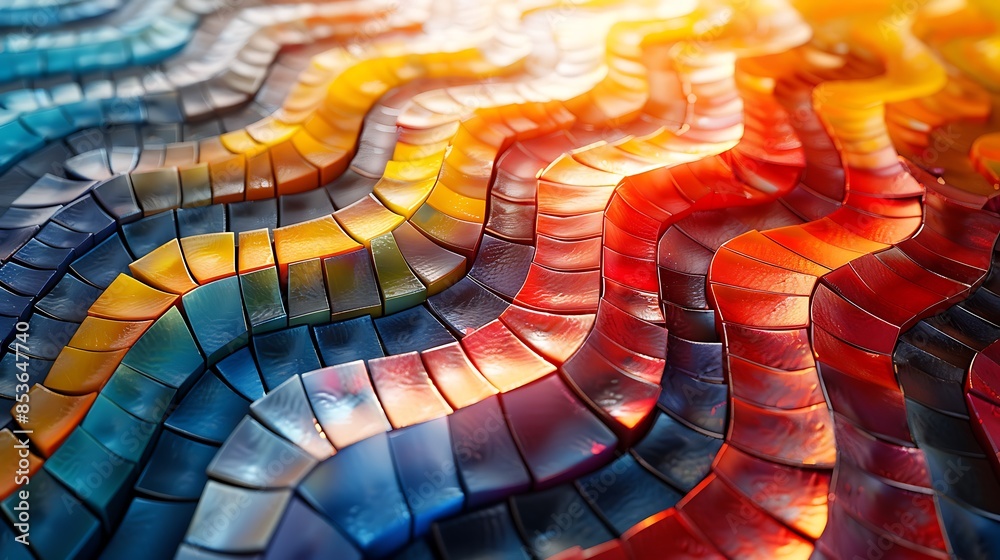 An abstract scene of chevron patterns made of small, colorful tiles, creating a mosaic artwork effect. The bright, contrasting tiles form intricate chevron patterns, adding visual richness An abstract scene of chevron patterns made of small, colorful tiles, creating a mosaic artwork effect. The bright, contrasting tiles form intricate chevron patterns, adding visual richness