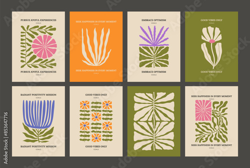 Trendy aesthetic posters with abstract groovy floral shape with flowers and leaves. Simple irregular wild plants. Naive funky prints for wall art, interior decorations. Boho summer illustrations.