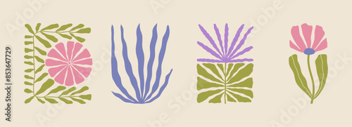 Trendy aesthetic posters with abstract groovy floral shape with flowers and leaves. Simple irregular wild plants. Naive funky prints for wall art, interior decorations. Boho summer illustrations