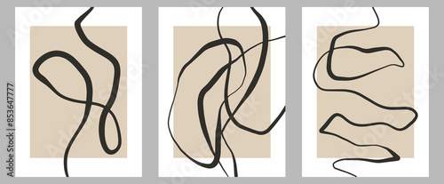 Set of trendy contemporary abstract creative hand drawn minimalist posters with organic line, shape pattern for wall decoration, postcard or brochure cover design in retro style art