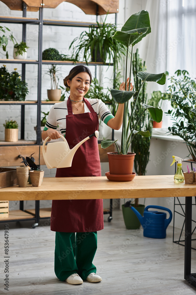 A young Asian woman, the proud owner of a plant shop, waters a large houseplant with a gentle smile. A young Asian woman, the proud owner of a plant shop, waters a large houseplant with a gentle smile.