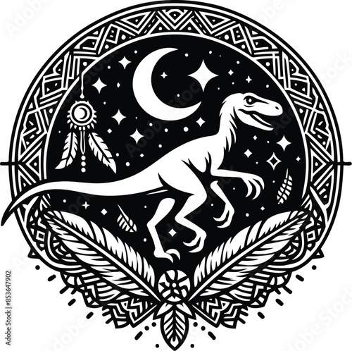 velociraptor in silhouete with bohemian nature pattern illustration