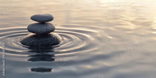 Zen Stones in Water, round stones floating on the water create a peaceful atmosphere that evokes relaxation or meditation. serene background with smooth.
