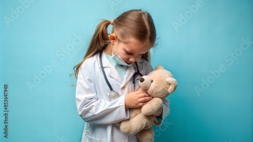 "Girl Dressed as Doctor" - A young girl in a doctor’s coat and stethoscope, pretending to treat a stuffed animal. 