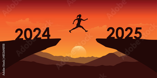 woman jumping over a cliff from 2024 to 2025 vector ilustration