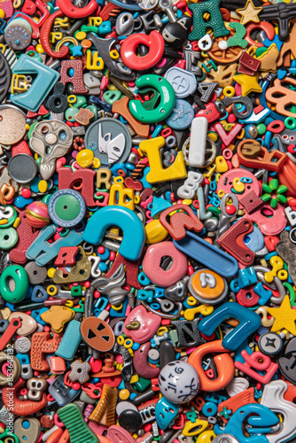 A crowded assortment of fridge magnets in various shapes, sizes, and colors, filling the entire frame. The magnets include letters, numbers, and novelty designs.
