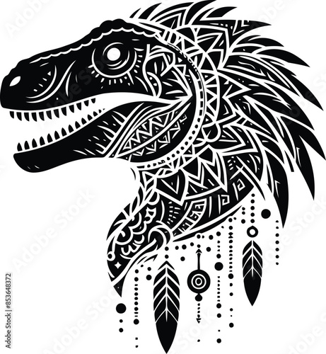 velociraptor in silhouete with bohemian nature pattern illustration