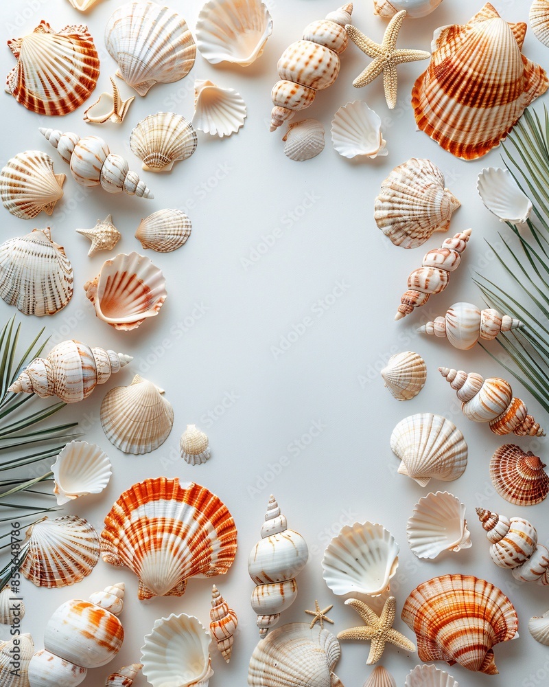 top view of sea shell on summer background with copy space