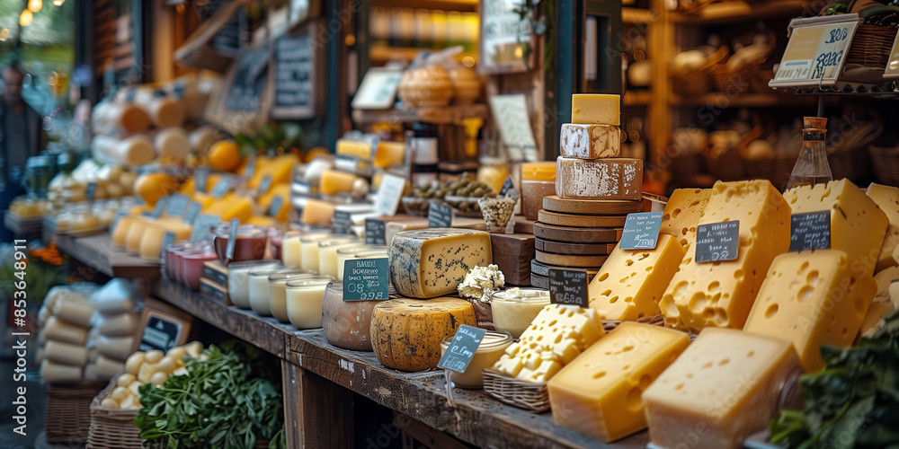 A farmer's market stall overflowing with dairy products like cheese, yogurt, and milk. A farmer's market stall overflowing with dairy products like cheese, yogurt, and milk.