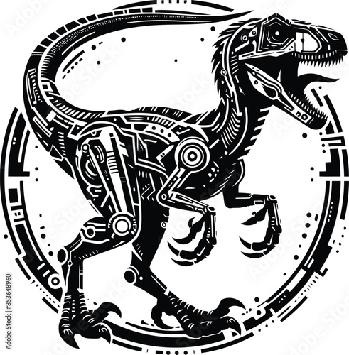 velociraptor in silhouete with cyberpunk pattern illustration