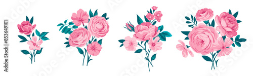Collection of small pretty rose bouquets for design of greeting cards