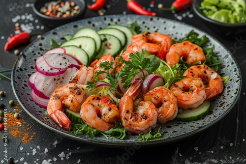 Salad with fresh vegetables and seafood. Delicious grilled shrimps on a plate. Healthy eating