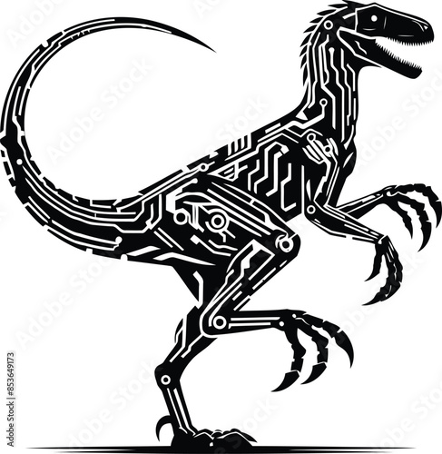 velociraptor in silhouete with cyberpunk pattern illustration