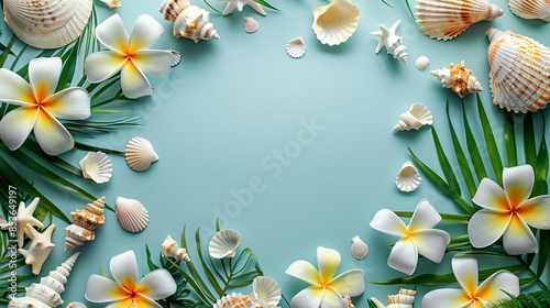 top view of sea shell on summer background with copy space