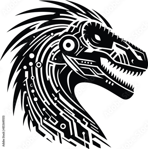 velociraptor in silhouete with cyberpunk pattern illustration