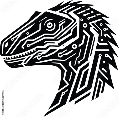 velociraptor in silhouete with cyberpunk pattern illustration